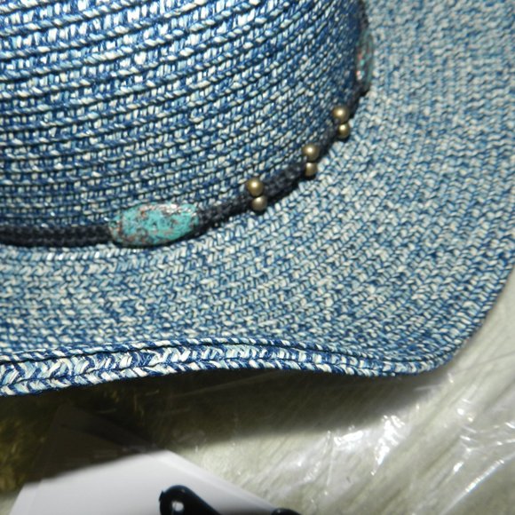 Lulla Collection Western Straw Hat with Beaded Trim Blue New/NWT - Picture 2 of 10